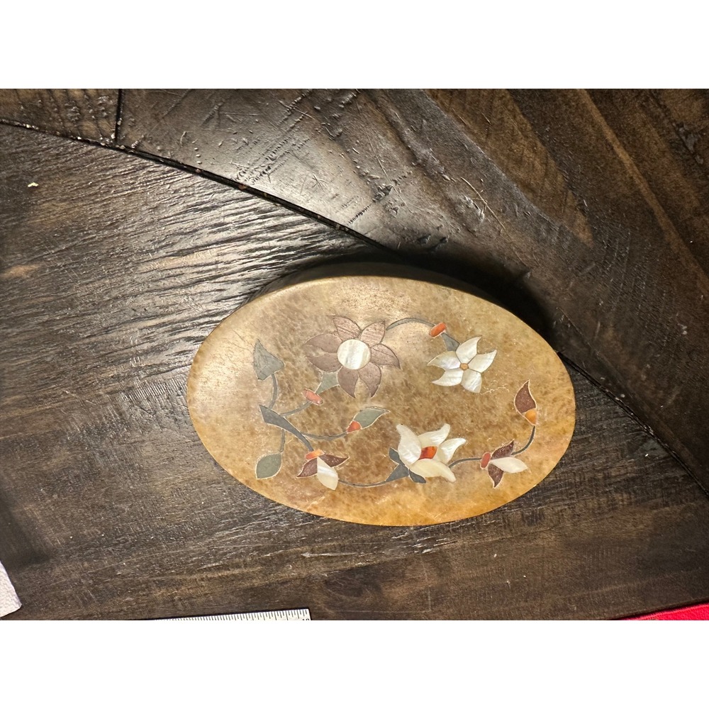 Vintage Inlaid Stone Trinket‎ Box Floral Design Oval Decorative Keepsake EUC